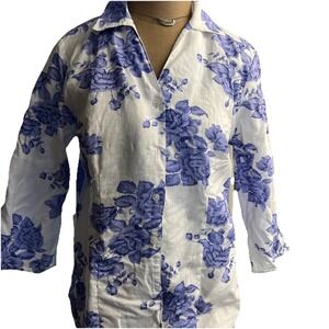 Linen floral print blouse women 8 collared 3/4 sleeves coastal old money Coastal